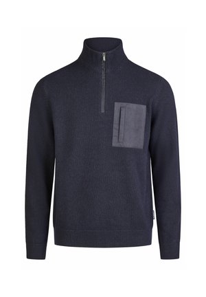 Marineblauer Pullover mit hohem Kragen und einer Fronttasche aus kontrastierendem Stoff, strukturiertem Strick und gerippten Bündchen und Saum.