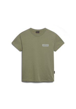 Olijfgroene katoenen t-shirt met een ronde hals, korte mouwen en een klein blauw grafisch detail op de borst. Eenvoudig ontwerp met een losse pasvorm.