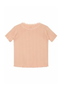 Kra short-sleeve krekls gaisā rozā ribota auduma ar viļņotu apkakli un volānu pie piedurknēm. Iezīmē smalkas teksturētas rakstus.