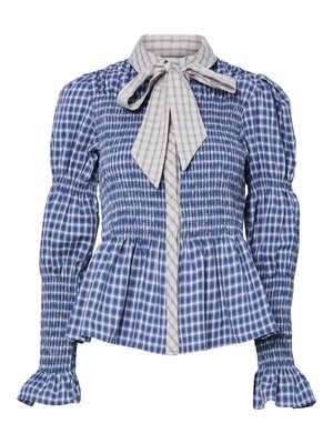 Blue and white checkered long-sleeve blouse with smocked bodice, gathered cuffs, peplum hem, and a beige checkered tie-neck collar.