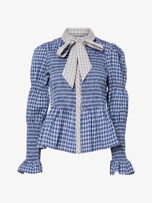 Blue and white checkered long-sleeve blouse with smocked bodice, gathered cuffs, peplum hem, and a beige checkered tie-neck collar.