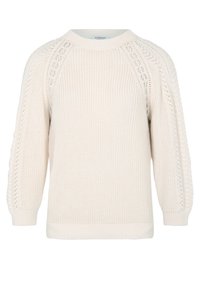 Strickpullover in Off-White mit Rundhalsausschnitt, strukturiertem Oberteil und spitzenmusternden Einsätzen an den Ärmeln. Rippbündchen und Saum runden das Design ab.