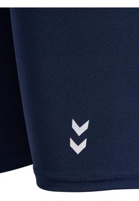 Granatowe spodenki sportowe z gładkiego, elastycznego materiału. Posiadają białe logo w kształcie chevronu po dolnej stronie oraz standardowy wykończenie.