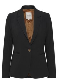 Černý upravený blazer s přiléhavým střihem, klopami, zlatým knoflíkovým zapínáním a hnědou saténovou podšívkou. Obsahuje přední kapsy.