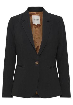 Schwarzer taillierter Blazer mit schmalem Schnitt, Reverskragen, goldener Knopfverschluss und braunem Satinfutter. Verfügt über Fronttaschen.
