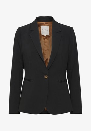 Črn prilegač s fitted obliko, z zareznimi širokimi ovratniki, z zapiranjem na zlati gumb in rjavim satenskim podlogom. Ima sprednja žepa.