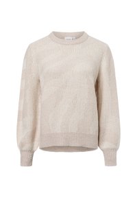 Hellbeige Pullover mit gerippter Textur, rundem Ausschnitt und leicht aufgebauschten Ärmeln. Verfügt über ein dezentes Muster aus Streifen und Wellen.