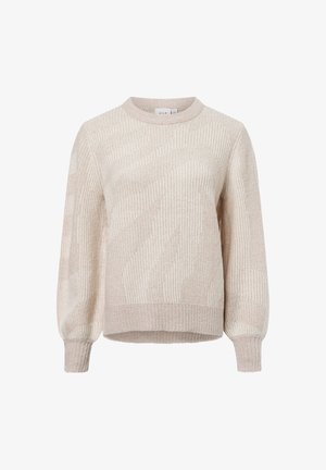 Hellbeige Pullover mit gerippter Textur, rundem Ausschnitt und leicht aufgebauschten Ärmeln. Verfügt über ein dezentes Muster aus Streifen und Wellen.