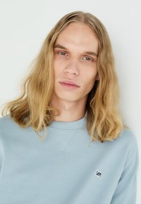 Jasnoniebieski sweatshirt z ryflowanym dekoltem typu crew, z małym haftowanym logo po lewej stronie. Tkanina ma gładką fakturę.