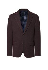 Brązowa marynarka wykonana z teksturowanej tkaniny, z wykładanym kołnierzem, dwoma przednimi kieszeniami, dwoma guzikami oraz wzorzystą niebieską podszewką.