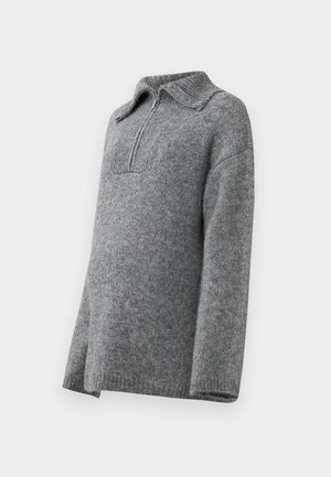 Gray wool sweater with a detailed knit texture, a collared neckline, and a half-zip. Features loose-fitting sleeves and a straight hem.