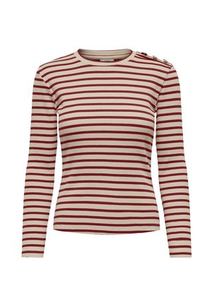Haut à manches longues en crème avec des rayures bordeaux. Présente des accents de boutons sur l'épaule et un design ajusté.