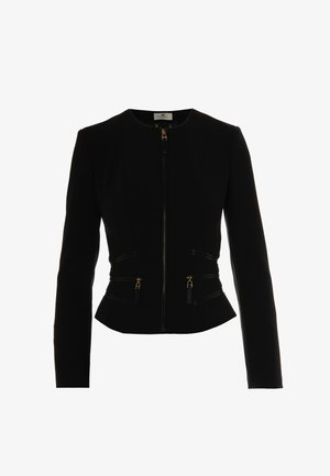 Schwarze taillierte Jacke mit langen Ärmeln, Frontreißverschluss und goldenen Beschlägen. Verfügt über eine strukturierte Panelierung und zwei Reißverschlusstaschen in der Taille.