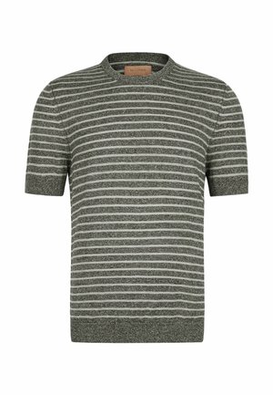 Sweter z krótkim rękawem, dzianinowy, w szarym kolorze z cienkimi białymi poziomymi paskami oraz ściągaczem przy okrągłym dekolcie, mankietach i dole.