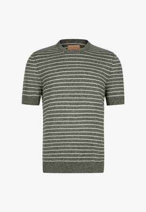 Kurzärmeliger Strickpullover in Grau mit dünnen weißen horizontalen Streifen und geripptem Rundhalsausschnitt, Bündchen und Saum.