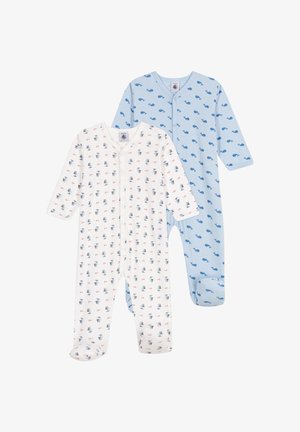 Due body per bambini: uno bianco con motivi di barche e cuori, e uno azzurro chiaro con motivi di balene. Entrambi hanno maniche lunghe e chiusure a scatto.