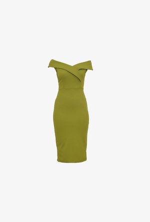 Rochie verde măsliniu cu decolteu pe umeri, siluetă ajustată, design bodice încrucișat și tiv până la genunchi, confecționată dintr-un material elastic.