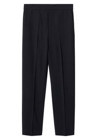 Sorte skræddersyede bukser med høj talje, der har en lige benedesign, læg foran, glat stofstruktur og ingen synlige lukninger.