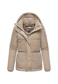 Beige jas met een pluizig, textuur bovenpaneel. Beschikt over een capuchon, ritssluiting aan de voorkant en drukknoopsluitingen. Glad onderste gedeelte en zijzakken.