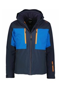 Blaue und marineblaue wetterfeste Jacke mit verstellbarem Kapuzen, Reißverschlusstaschen und kontrastierenden orangen Reißverschlüssen und Akzenten.