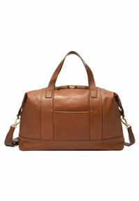 Sac en cuir marron au design structuré, avec des poignées supérieures, une bandoulière ajustable, une poche avant et des accents en métal doré.
