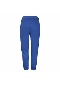 Blauwe sweatpants met een taps toelopende pasvorm, voorzien van zijzakken, een elastische tailleband en een zachte textuur. Achterste yoke-details zijn zichtbaar.