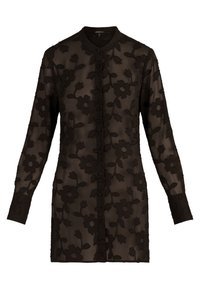 Blusa nera trasparente a maniche lunghe con motivo in velluto floreale, chiusura frontale con bottoni e colletto a banda.