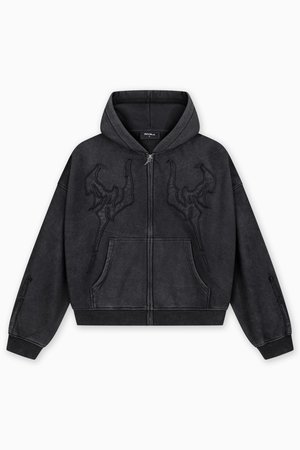 Μαύρο φούτερ με φερμουάρ, που διαθέτει τσέπη καγκουρό, κεντητό σχέδιο στο στήθος και ριμπ μανσέτες και τελείωμα. Κατασκευασμένο από υφασμάτινο ύφασμα.