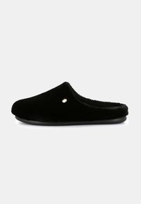 Pantofole di velluto nero con forma arrotondata, foderate in morbido materiale e dotate di un piccolo accento metallico. Presentano una suola nera flessibile.
