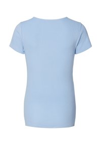 Lyseblå kortærmet t-shirt lavet af ribbet stof. Rund hals-design med en glat tekstur og en tætsiddende silhuet.
