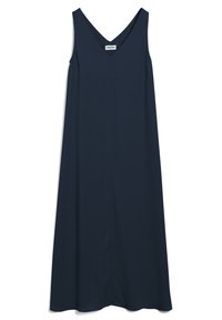 Laivastonsininen hihaton mekko, jossa on V-kaula-aukko ja A-linja, valmistettu sileästä kankaasta. Ominaisuuksiin kuuluu vähäiset saumat ja virtaava muotoilu.