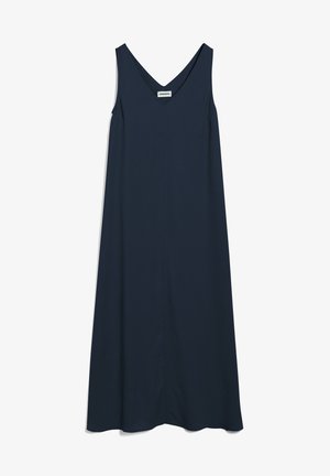 Navyblauwe mouwloze jurk met een V-hals, A-lijnsilhouet, gemaakt van gladde stof. Kenmerkt zich door minimale naden en een vloeiende uitstraling.