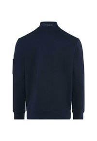 Navy blue sweatshirt with high collar, ribbed cuffs, and hem. Features a subtle logo on the collar and a side pocket on the sleeve.