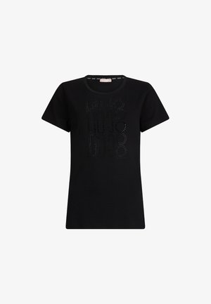 T-shirt nera a maniche corte con scollo rotondo, caratterizzata da un design testurizzato di lettere e punti sul davanti. Tessuto morbido con una finitura liscia.