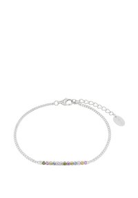Bracciale in argento con una fila di pietre multicolori, fissato con un gancio a moschettone e un'estensione della catena con etichetta del logo.