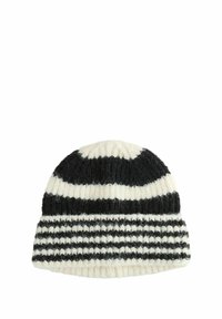 Gehaakte beanie met afwisselend zwarte en crèmekleurige strepen, met een geribbelde textuurpatroon. Zacht wolmateriaal voor warmte.