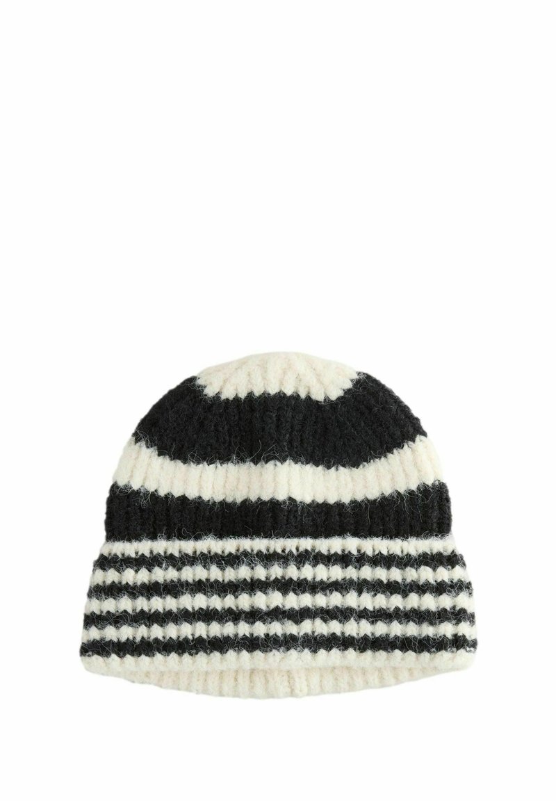 Gehaakte beanie met afwisselend zwarte en crèmekleurige strepen, met een geribbelde textuurpatroon. Zacht wolmateriaal voor warmte.