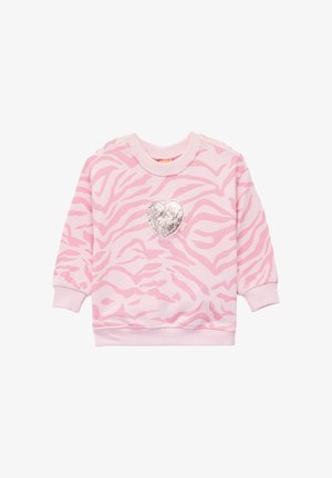 Roze peuter sweatshirt met donkerdere roze zebra strepen en een glanzende zilveren hartapplicatie in het midden aan de voorkant, met ribgebreide manchetten en zoom.