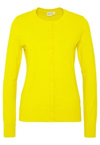 Gelber gestrickter Cardigan mit langen Ärmeln, rundem Halsausschnitt und Knopfverschluss vorne. Mit geripptem Saum und Bündchen.