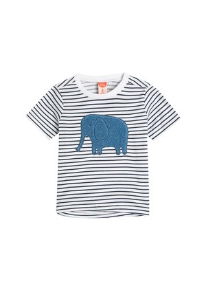 Kurzärmliges gestreiftes T-Shirt mit einem strukturierten blauen Elefantendesign auf der Vorderseite. Hergestellt aus weicher Baumwolle, hat es einen runden Halsausschnitt.