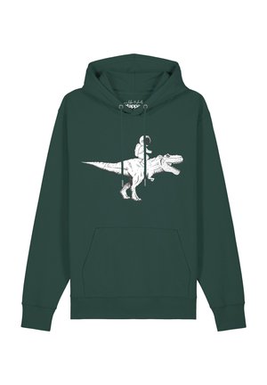 Dunkelgrüner Hoodie mit weißem Grafikmotiv eines Astronauten, der vorne auf einem T-Rex-Dinosaurier reitet, mit Kordelzug und Fronttasche.