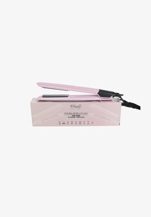 Plancha de pelo rosa con placas negras apoyada sobre su caja rosa a juego etiquetada "Fashion Fun Pink Trend" y características del producto visibles.