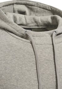 Lichtgrijze hoodie met aangehechte capuchon en bijpassende trekkoorden die door metalen oogjes zijn geregen.