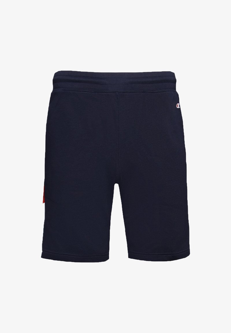 Pantalones cortos de algodón en azul marino con cintura elástica, que presentan un pequeño logo en la parte superior derecha y un detalle de acento rojo en el lateral.