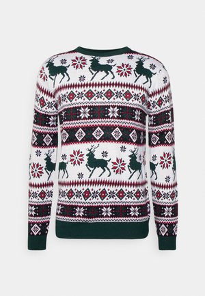 Pull en tricot avec des motifs de rennes et de flocons de neige en vert, blanc et rouge. Poignets et ourlet côtes, col rond, coupe confortable.