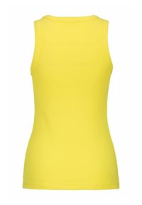 Geel mouwloos tanktop gemaakt van ribbelstof. Heeft een ronde halslijn en een aansluitende pasvorm. Geen zichtbare ontwerp patronen of accenten.