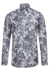 Koszula z długim rękawem zapinana na guziki z skomplikowanym wzorem kwiatowym i paisley w odcieniach niebieskiego, szarego i białego na białym tle.