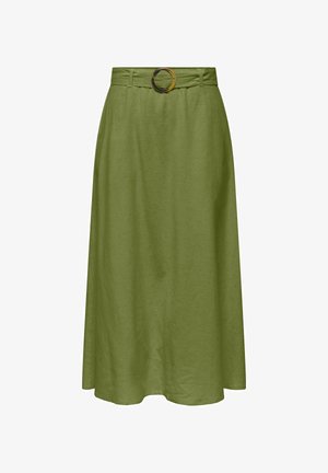Roheline A-lõike midi seelik kangast vöö ja ümarate pandlaga vöökohal, sileda tekstuuri ja kergelt lehvivate äärega.