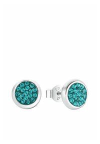 Boucles d'oreilles rondes en métal argenté, ornées d'un faisceau de cristaux turquoise dans un design circulaire. L'arrière est sécurisé par un fermoir à tige et papillon.