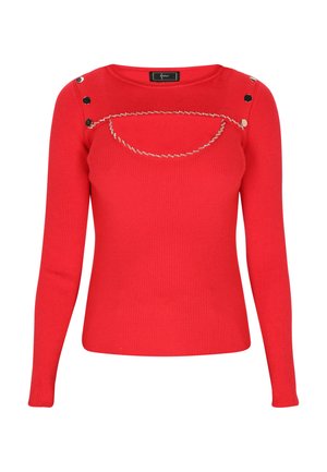 Maglione a maniche lunghe rosso a coste con un accento a catena circolare e bottoni a pressione neri sulle spalle. Texture liscia e design aderente.